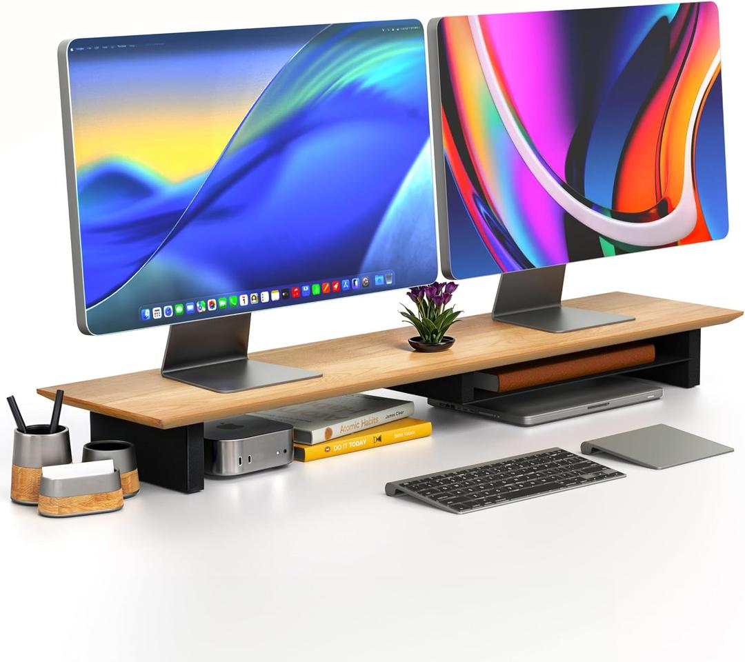 COREMINDED Solid Wood Dual Monitor Stand Riser 43" Oak Desk Shelf for 2 Monitors with Tray & Wool Felt, Organizer for Desktop, Laptop and Office (Solid Oak)