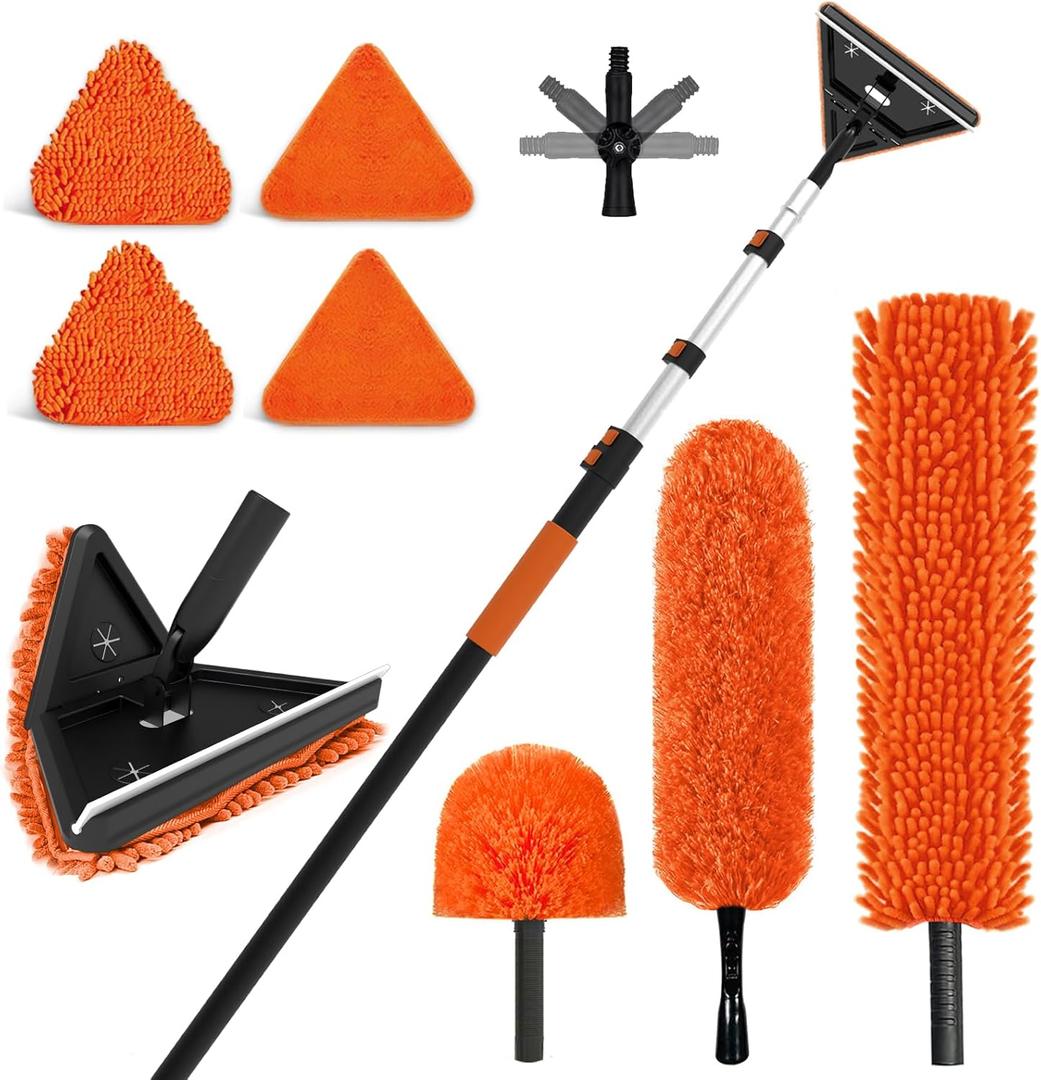 SISUPASSIE 20FT Duster Cleaner Kit, Dusters for Cleaning with Extension Pole, Baseboard & Wall and Window Cleaner Mop for Fan Blades, High Ceiling and Cobweb (Slight contamination of one cloth)