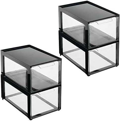 mDesign Plastic Desk Organizer and Storage Bin w/Pull Out Drawer - Stackable Office Storage Container for Office Supplies - Desktop Drawer Organizer - Lumiere Collection - 4 Pack - Black/Clear (12 x 8 x 6 (Pack of 4))