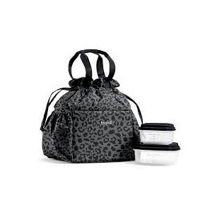 Fit & Fresh Cromwell Drawstring Lunch Bag for Women, Complete Lunch Set with 2 Containers, Stain-Resistant, Leak-Resistant, Back to School Essential, Teacher Lunchbox, Black Cheetah