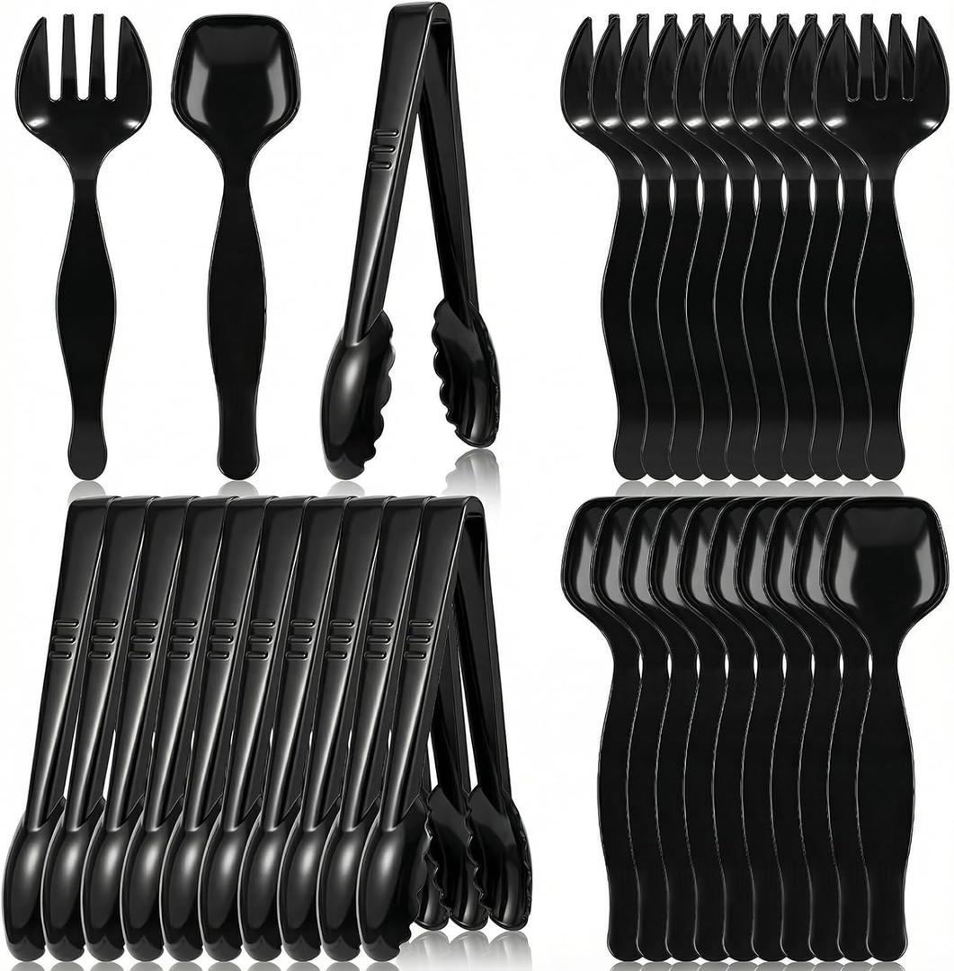 30pcs Disposable Plastic Serving Utensils Set 8.6'' Disposable Black Plastic Serving Spoons Forks Tongs Heavy Duty Black Large Party Utensils Supplies for Buffet Restaurant Dinner Wedding Salad Noodle