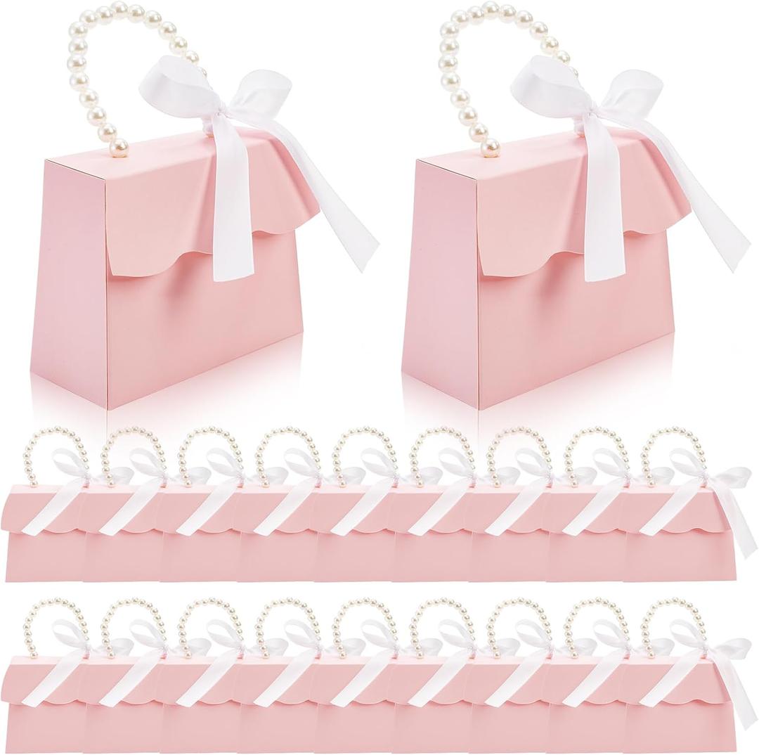 ZOOFOX 20 Pack Pink Treat Boxes for Girls, Small Valentines Candy Box Party Favors with Pearl Handle and Ribbon, Gift Boxes for Princess Pink Party, Baby Girl Shower, Wedding Decoration Supplies