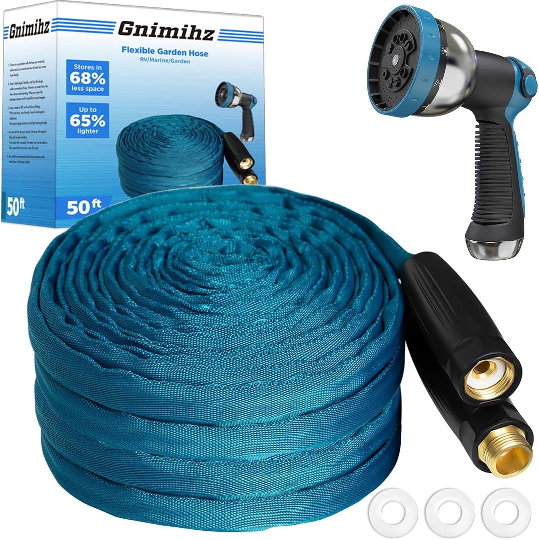 Garden Hose 50ft, Made of TPE(Not PVC), Ultra-Light & Flexible Water Hose with Solid Brass Fittings, Non-Shrinking, Easy to Storage, Drinking Water Safe Material, All-weather, SeaBlue (50ft+Sprayer Nozzle)