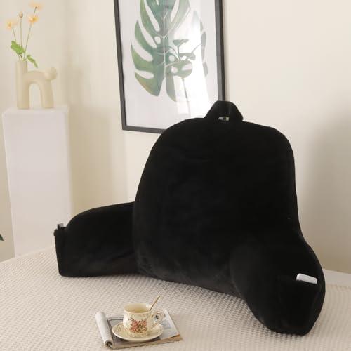 PAJEO Reading Pillow for Sitting in Bed, Large Backrest Reading Pillow with Arm Rest,Back-Rest Support Cushion for Sit Up on Couch, Sofa, and Floor, Dorm Essentials (Black Faux Fur, Standard(17"))