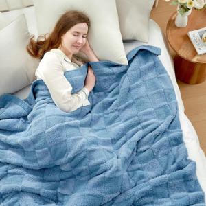 Snuggle Sac Faux Fur Throw Blanket for Couch, Knitted with Microfiber Fancy Yarn Blanket, Cozy Soft Warm Blankets for Sofa, Bedroom, Living Room, Solid Blue, 50x60 inches