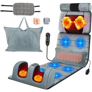 Full Body Massage Mat with Heat,Electric Massage Pad for Neck,Back,Foot&Full Body Pain Relief,10 Vibrating Nodes 3 Heating Levels W/ Detachable Neck,Foot Massager,Head Pillow&Inflatable Lumbar Pillow
