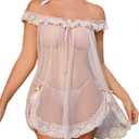 OYOANGLE Women's 2 Piece Mesh Sheer Floral Lace Babydoll Slip Dress Nightgowns and Thong Lingerie Set (Medium, Pink)