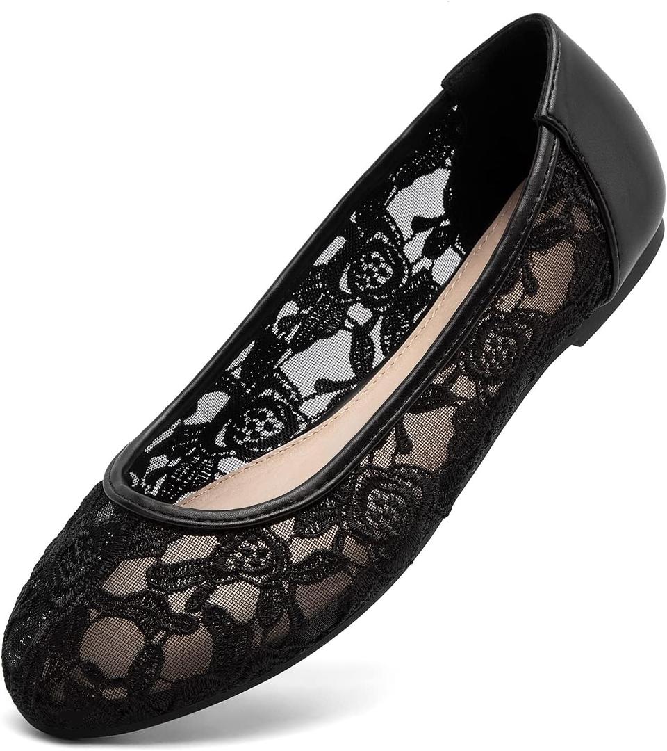 Greatonu Women's Ballet Flats Round Toe Slip on Lace ballerina Flat Comfortable Wedding Casual Dressy Floral Flats Shoes (8, Black)