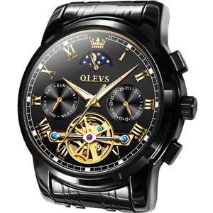 OLEVS Watch Men Luxury Stainless Steel Easy Read Diamond Original Self Winding Black Watches for Men Big Face No Battery Water Resistant Watches Dress Two Tone Adjustable Automatic Tourbillon relojes para hombres