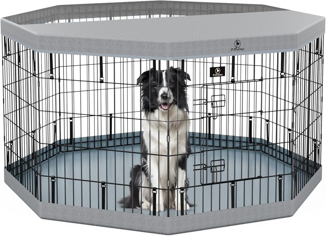 PJYuCien Dog Playpen, 8 Panels 30H Dog Playpen Indoor with Grey Bottom Pad and Top Cover, Metal Foldable Dog Pen for Indoor Use, Better for Small Medium Animals, Grey