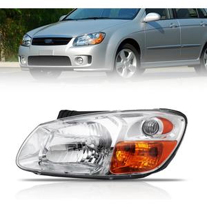 Left Headlight for 2007 2008 2009 Ki-a Spectra, Driver Side Halogen Headlamp with Bulbs Clear Lens Black Housing Amber Reflector, 1 PC, Replace# 921012F530