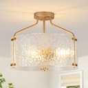 Semi Flush Mount Ceiling Light Fixture Glass Drum Chandelier Entryway Light Fixture 16''Gold Flush Mount Ceiling Lights 3-Light Foyer Lighting fixtures for Living Room Hallway Bedroom