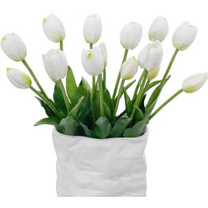 15 Pcs White Artificial Tulips Fake Flowers, Premium Latex Lifelike Texture, UV Resistant Waterproof Faux Tulip Bouquets with Snap-on Petals for Outdoor, Home, Wedding Decor