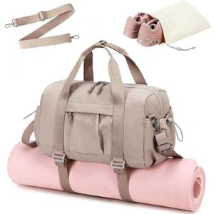 LEDAOU Small Gym Bag for Women, Mini Duffle Bag with Yoga Mat Holder Lightweight Carry On Sports Bag with Separate Shoe Pocket & Wet Pocket Duffel Bags Dance Yoga Workout Bag (Camel)