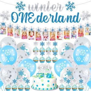 Winter Onederland Birthday Decor 1st Birthday Banner Pink and Silver Snowflake Photo Banner Snowflake Cake Toppers Latex Balloons for Winter Baby First Birthday Party Supplies