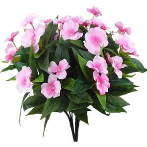 Waipfaru 10 Pcs Artificial Flowers for Outdoors, UV Resistant Faux Flowers for Outdoor Planters, Silk Impatiens Bouquet Pink Spring Artificial Plants for Garden Porch Patio Balcony Yard Decoration