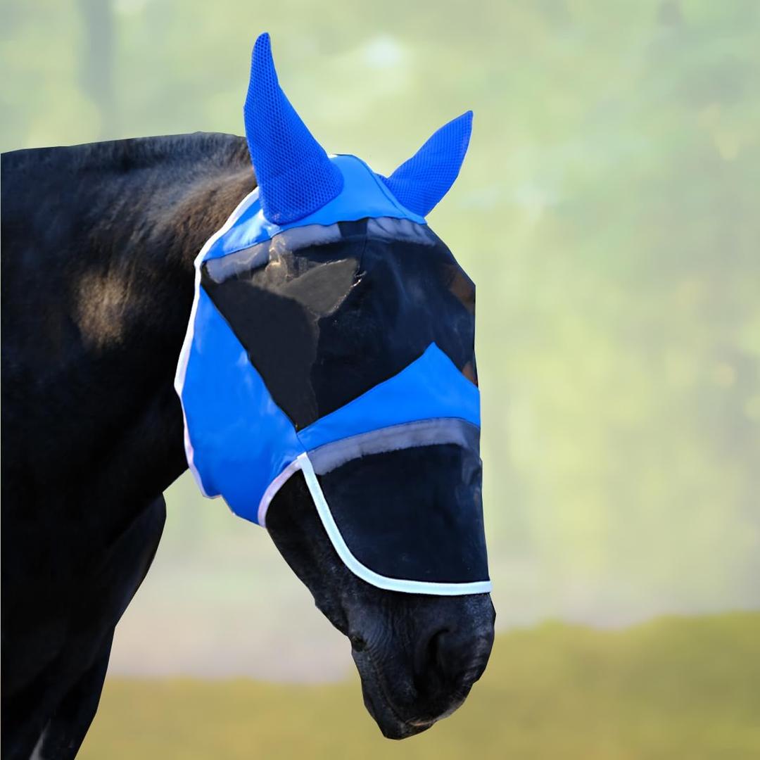 Fly Masks for Horses with Ears and Nose Cover - Comfortable Horse Fly mask with Ears for UV Protection & Sun Shield  Soft Lightweight- Breathable Horse mask(Bule, (Full) Large)