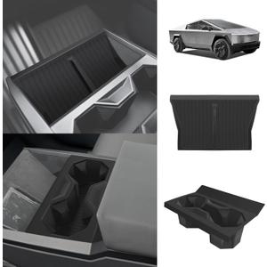 BestEvMod 2PCS Center Console Phone Charge Area Silicone Mat & Cup Holder Insert Compatible with 2025 2024 Tesla Cybertruck Waterproof Non-Slip Easy to Clean Black (Cup Holder Insert+Charge Pad Mat)