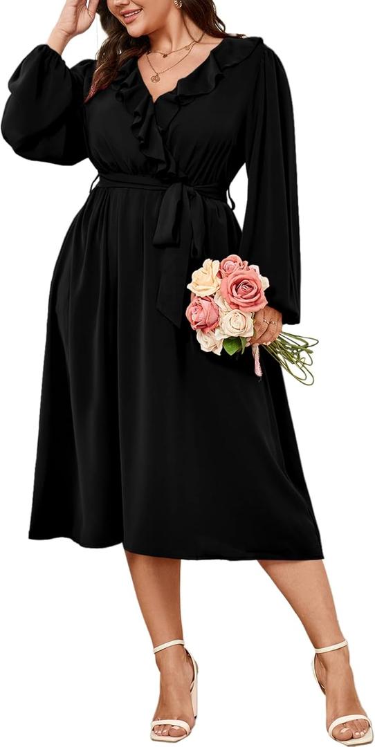 SCOMCHIC Plus Size Wedding Guest Wrap V Neck Dress Long Sleeve Cocktail Party Ruffle Belted A-Line Flowy Midi Dresses XL