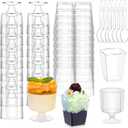 mwellewm 300 Packs Dessert Cups with Spoons, 5 OZ Mini Clear Plastic Dessert Parfait Cup for Party, Square Dessert Shot Glasses Round Goblet Small Reusable Fruit Ice Cream Pudding Appetizer Cup Bowls