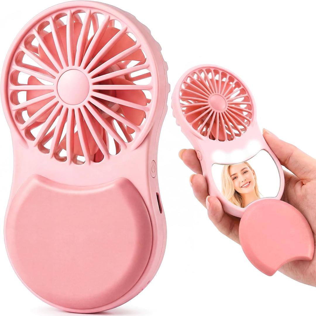 Handheld Mini Fan 3 Speed Portable Fan with Makeup Mirror LED Light Desktop Support, USB Rechargeable for Travel/Summer/Lash/Concerts/Women Girl Gifts (Pink)
