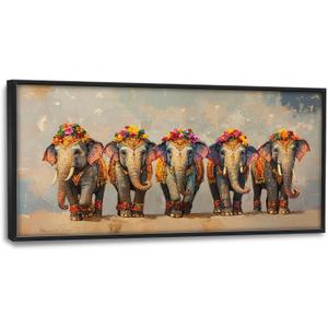 Elephant Large Wall Art Elephant Floral Pictures Wall Decor Traditional Thailand Canvas Landscape Painting Modern Artwork Home Decoration for Living Room Bathroom Bedroom Office Framed 60"x30"