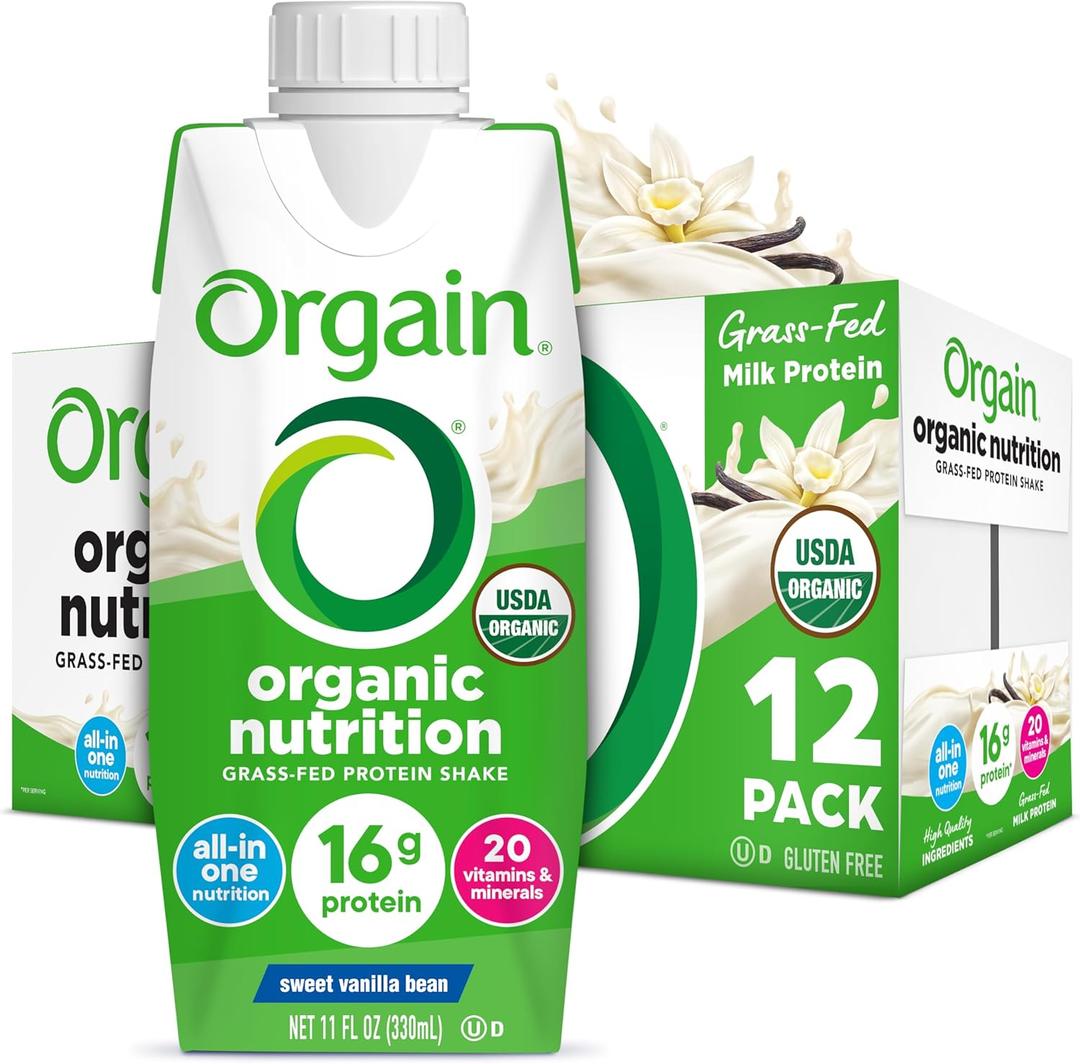 Orgain Organic Nutritional Protein Shake, Vanilla Bean - 16g Grass Fed Whey Protein, Meal Replacement, 20 Vitamins & Minerals, Fruits & Vegetables, Gluten Free, Non-GMO, 11 Fl Oz (12 Pack)(BB: August 24, 2025)