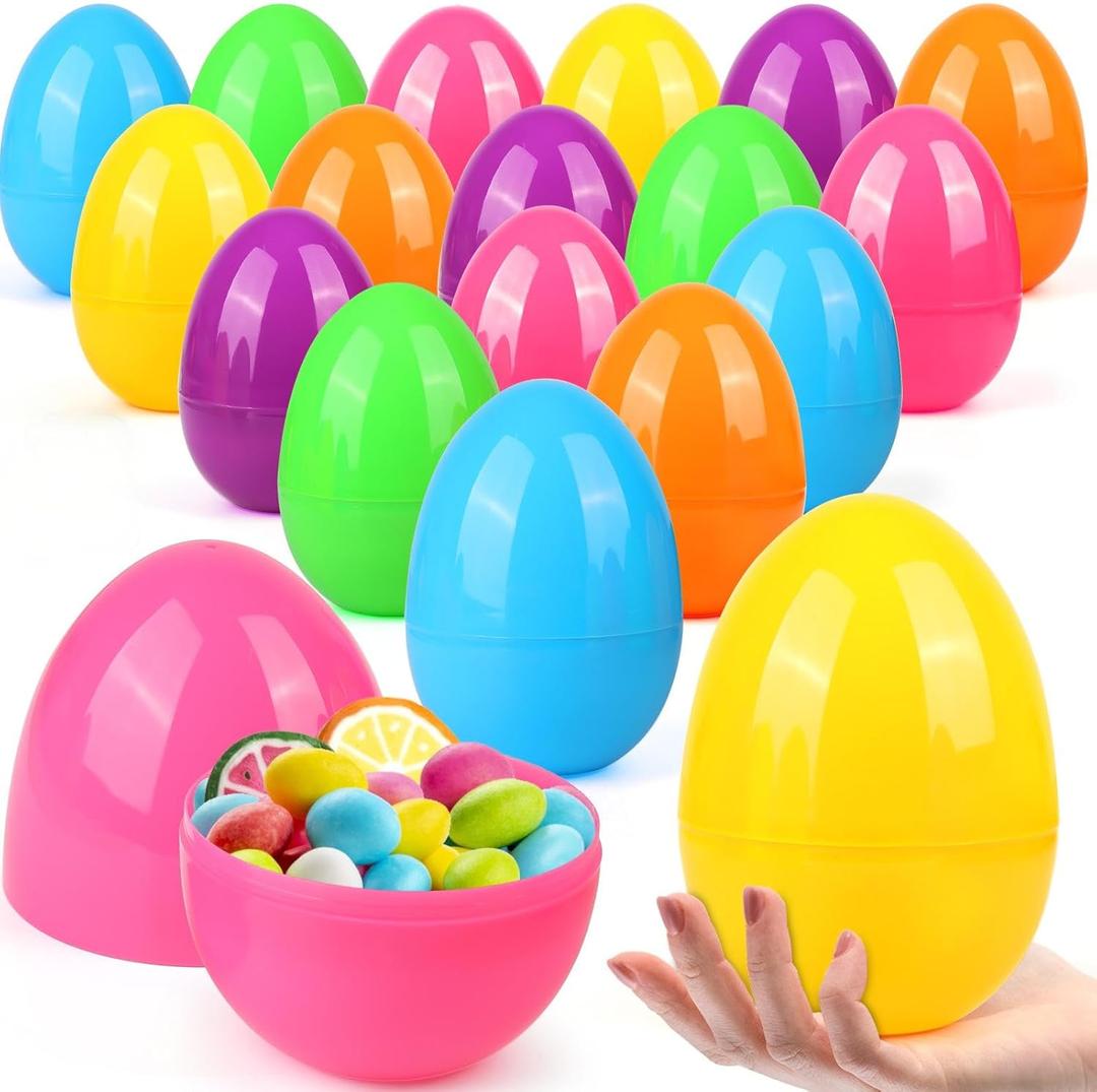 SURCVIO 18 PCS 6 Inch Large Plastic Easter Eggs for Easter Egg Hunt, Empty Eggs for Filling Treats, Fillable Easter Eggs Bulk Classroom Prize Supplies