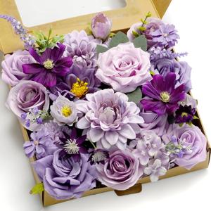 Artificial Flower Combination Box Set Artificial Flower Loose Leaves and Stems DIY Wedding Center Bouquet Bride Wedding Baby Shower(Lavender & Dark Purple)