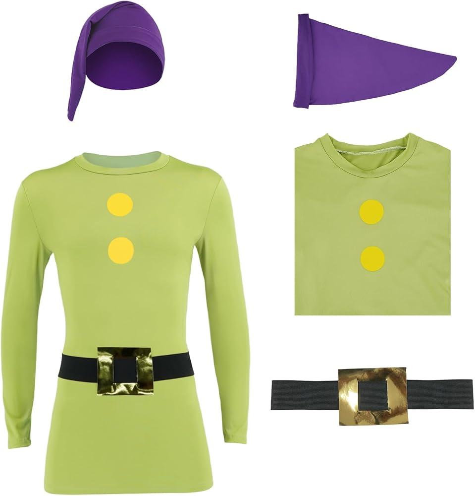 PAINEOMN The Seven Dwarfs Shirt Costume Sneezy Doc Bashful Grumpy Happy Dopey Sleepy T-shirt with Hat Belt Halloween Cosplay XS