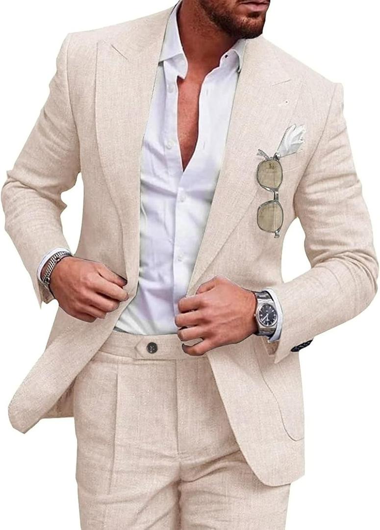 UNINUKOO Linen Suit for Men Summer Wedding 2 Piece Suit Set Peak Lapel Casual Blazer Pants Beach Wear for Men (Beige, M)