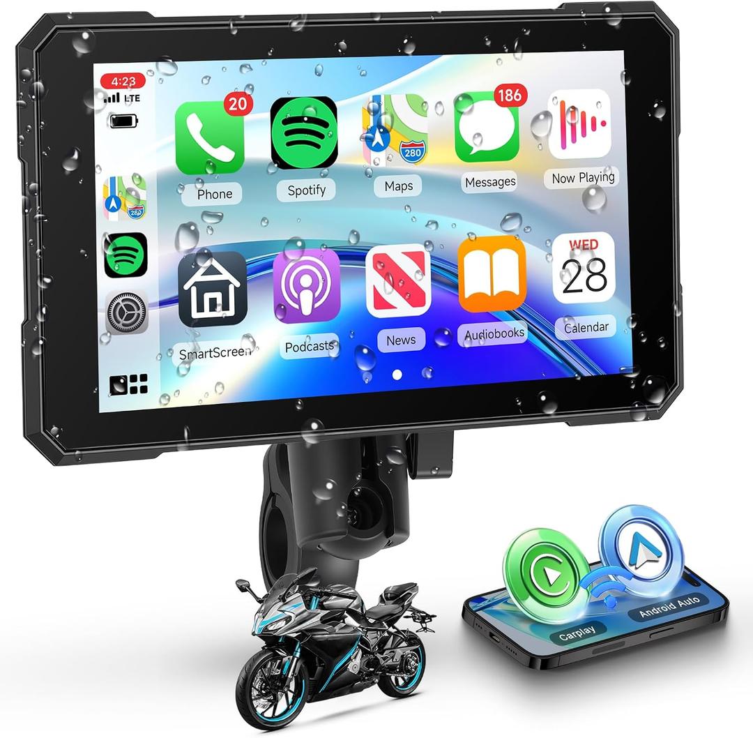 Motorcycle CarPlay Screen 5 Inch Wireless Carplay Android Auto for Motorbike with Removable Bracket, IP68 Waterproof Touchscreen, Supports GPS Navigation Bluetooth