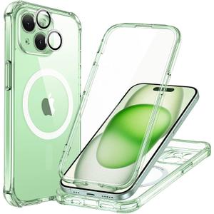 ESR for iPhone 15 Case, Compatible with MagSafe, Full-Body Military-Grade Drop Proof Case with Built-in 9H+ Tempered Glass Screen Protector, Armor Series, Clear Green