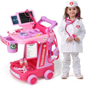 Liberry Doctor Kit for Toddlers Ages 2 3 4 5, Pretend Kids Doctor Playset with Cart, Costume and Stethoscope, Role Play Medical Toys Birthday Gift for Girls Boys (Pink)