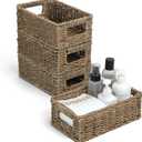 4 Small 3.6 QT Seagrass Wicker Baskets for Shelves, 10" Long Woven Pantry Organizers and Storage Basket, Decorative Ratten Shallow Rectangle Baskets for Organizing Countertop Kitchen