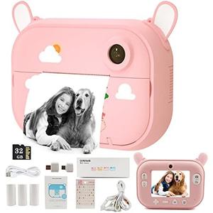 Kids Camera Instant Print Camera Christmas Birthday Gifts for Girls Toy Pink with 3 Rolls Paper and 32GB TF Card