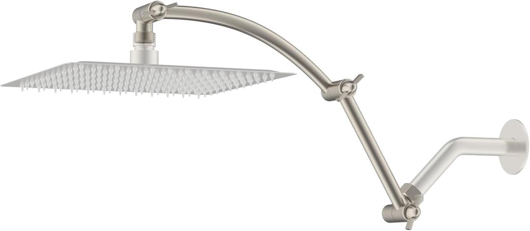 Hibbent Shower Head Extension Arm,16" Solid Brass Adjustable Extender with Lock Joint, Standard 1/2", Rise or Lower Rainfall and Fixed Shower Head,Height/Angle Adjustable Extension Arm, Brushed Nickel