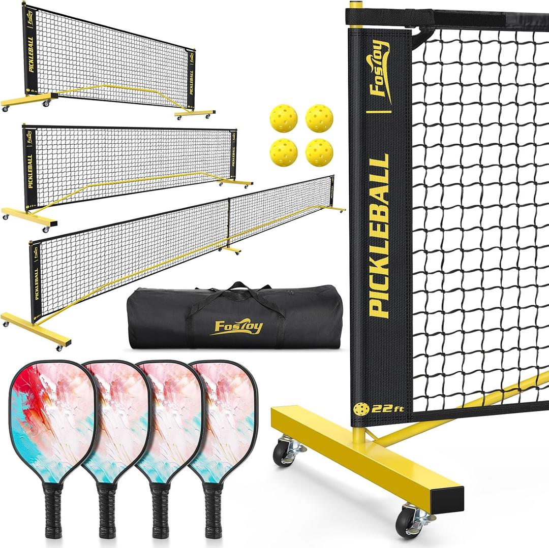 Pickleball Set Net with 4 Paddles, 6FT/11FT/22FT Portable 3-in-1 Pickle Ball Net with Carry Bag, Pickleballs, Designed for All Weather Conditions