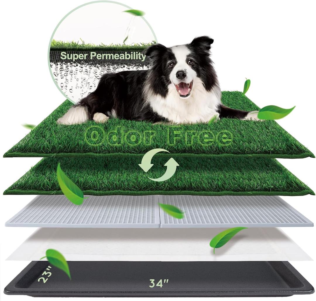 HQ4US 4LEGS Dog Grass Pad with Tray Large 3423, Dog Litter Box with Odor Free Artificial Grass Pee Pads for Dogs Potty Tray with Hemmed Edge, Realistic for Indoor Balcony