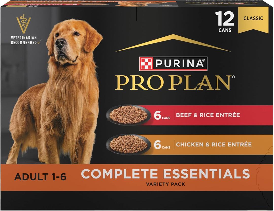 Purina Pro Plan Complete Essentials Wet Dog Food Chicken and Rice Entree and Beef and Rice Entree Variety Pack - (Pack of 12) 13 oz. Cans, BBD: AUG 2027