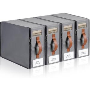 4pack Bed Sheet Organizer, Foldable Linen Closet Organizers and Storage with Sealed Design, Queen & King Size Sheet Storage with Window, Closet Organizer for Bedsheets/Blankets/Clothes, Grey