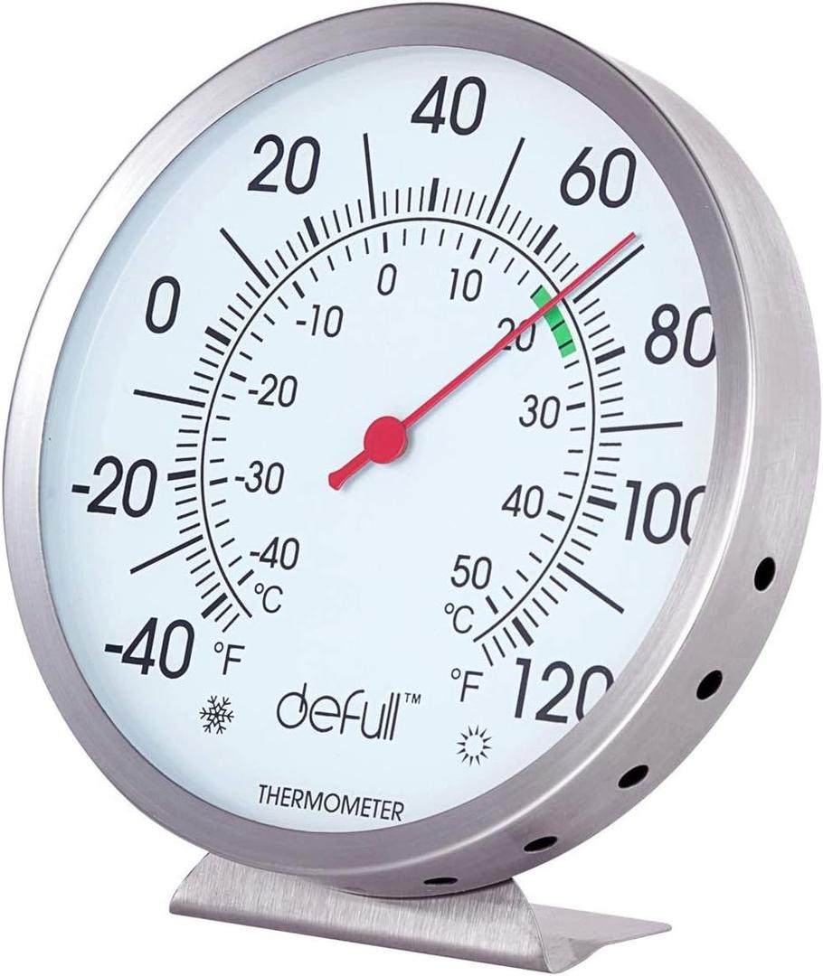 5" Large Dial Indoor Outdoor Thermometer - Battery-Free, Dual Scale -40F to 120F / -40C to 50C, Stainless Steel with Wall Mount or Table Stand for Home, Patio, Garage