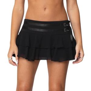 Usweetie Women Y2K Layered Ruffle Chiffon Mini Skirt Black L