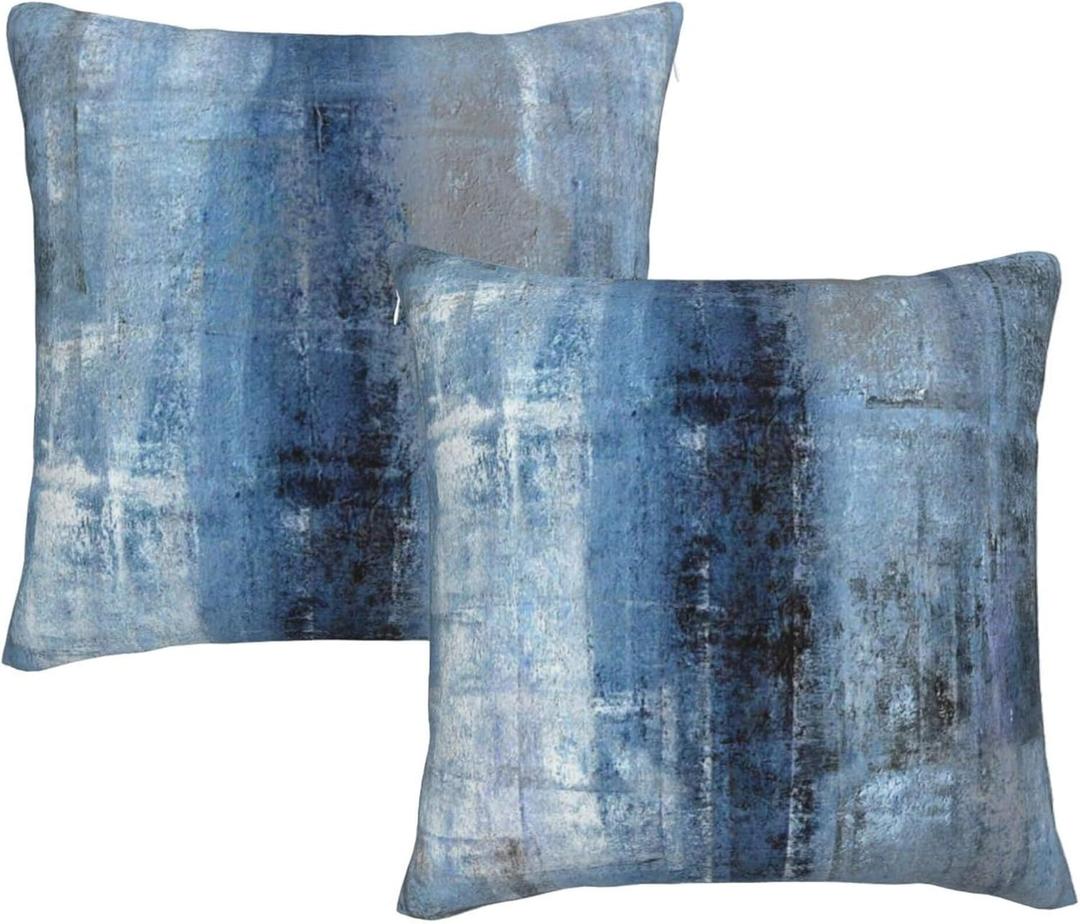 Abstract Art Painting Velvet Modern Decorative Cushion Cover, 2 Pack Super Soft Square Throw Pillow Case with Zipper for Sofa, Couch, 45 x 45 cm (18 x 18 Inch), Grey & Blue