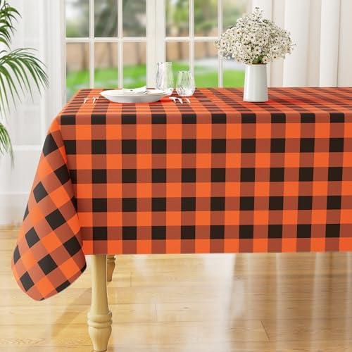 misaya Square Waterproof Vinyl Table Cloth, Buffalo Flannel Backed Tablecloth, Wipeable Plastic Table Cover for Dinner, Kitchen, Picnic (60" x 84", Orange and Black)