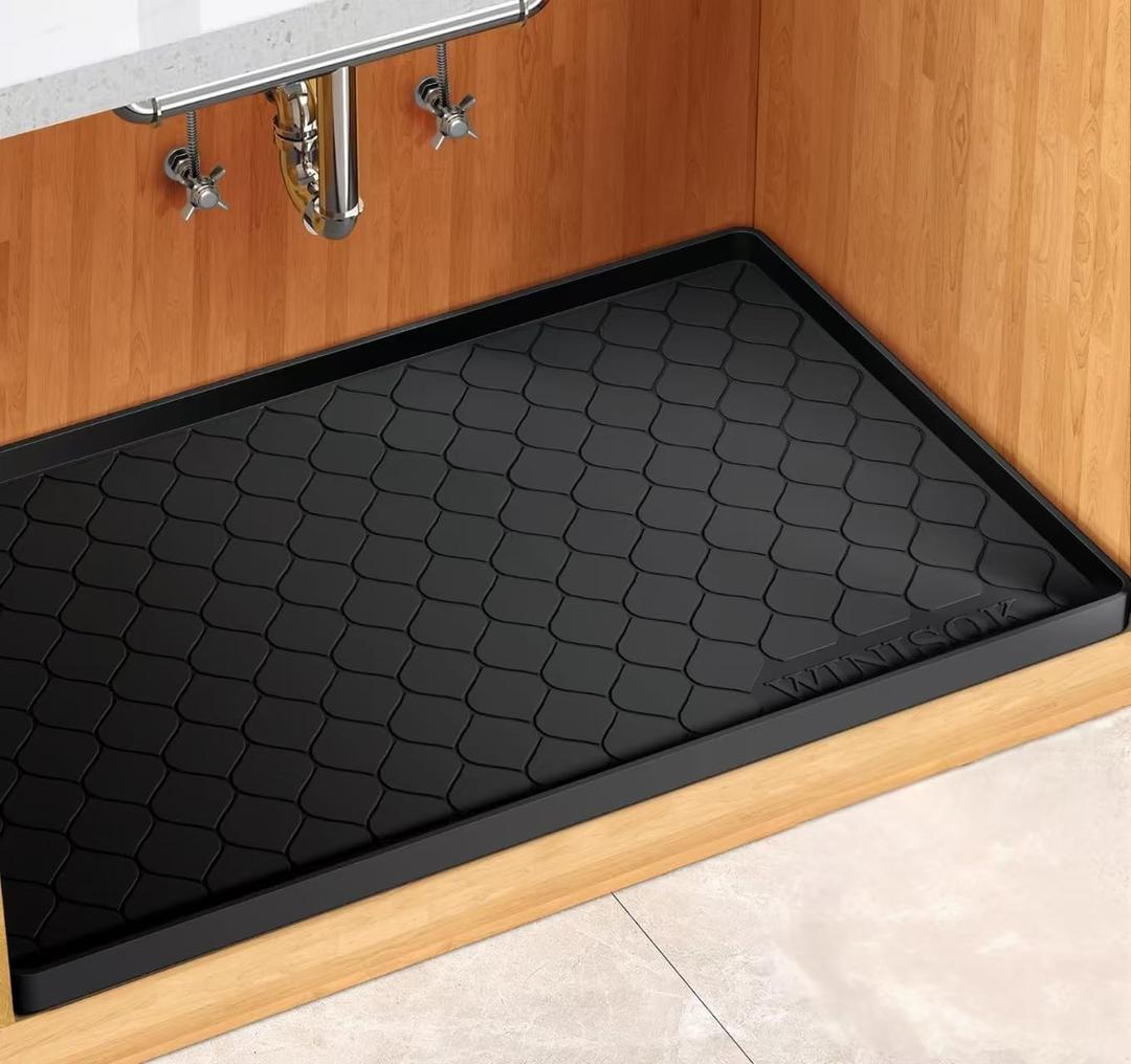 Silicone Under Sink Mat 28" x 19", kitchen Essentials and Gadgets, Shelf liner and Cabinet Protector, Home Organizers and Storage, Waterproof Bathroom Tray (Black)