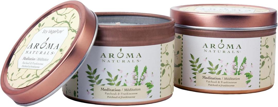 Aroma Naturals Tin Candle with Patchouli and Frankincense Essential Oil Natural Soy Scented, Meditation, 2 Count (2 Count (5.6 oz))
