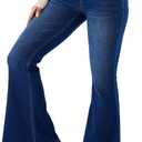 MONCCIZA Women Stretchy Bell Bottom Flare Jeans Pull On Pants with Pockets (Blue, XL)