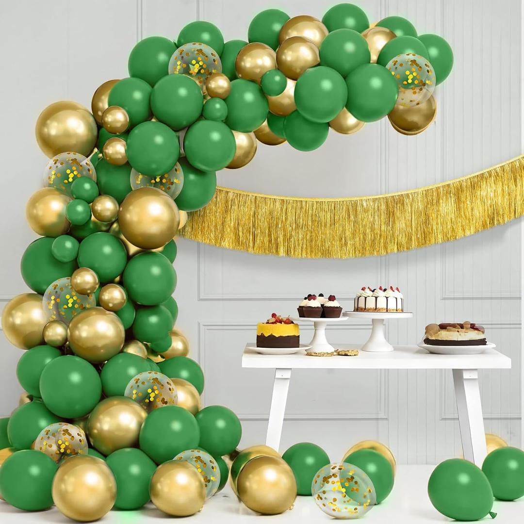KatchOn, Green and Gold Balloon Arch Kit - Pack of 75 | Green and Gold Party Decorations | Gold Fringe Backdrop for Anniversary Party | Happy Birthday Decorations, Bachelorette Party Decor