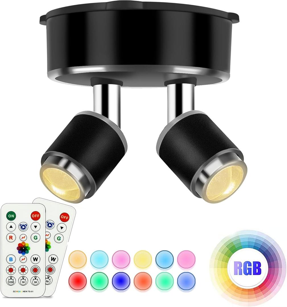 Dual-Head Spotlight Battery Operated, Led Spot Lights Indoor with Remote and DC Cord, RGBW Accent Light for Art Picture, Dartboard, Kitchens Cabinets, Bedroom, Party Decor